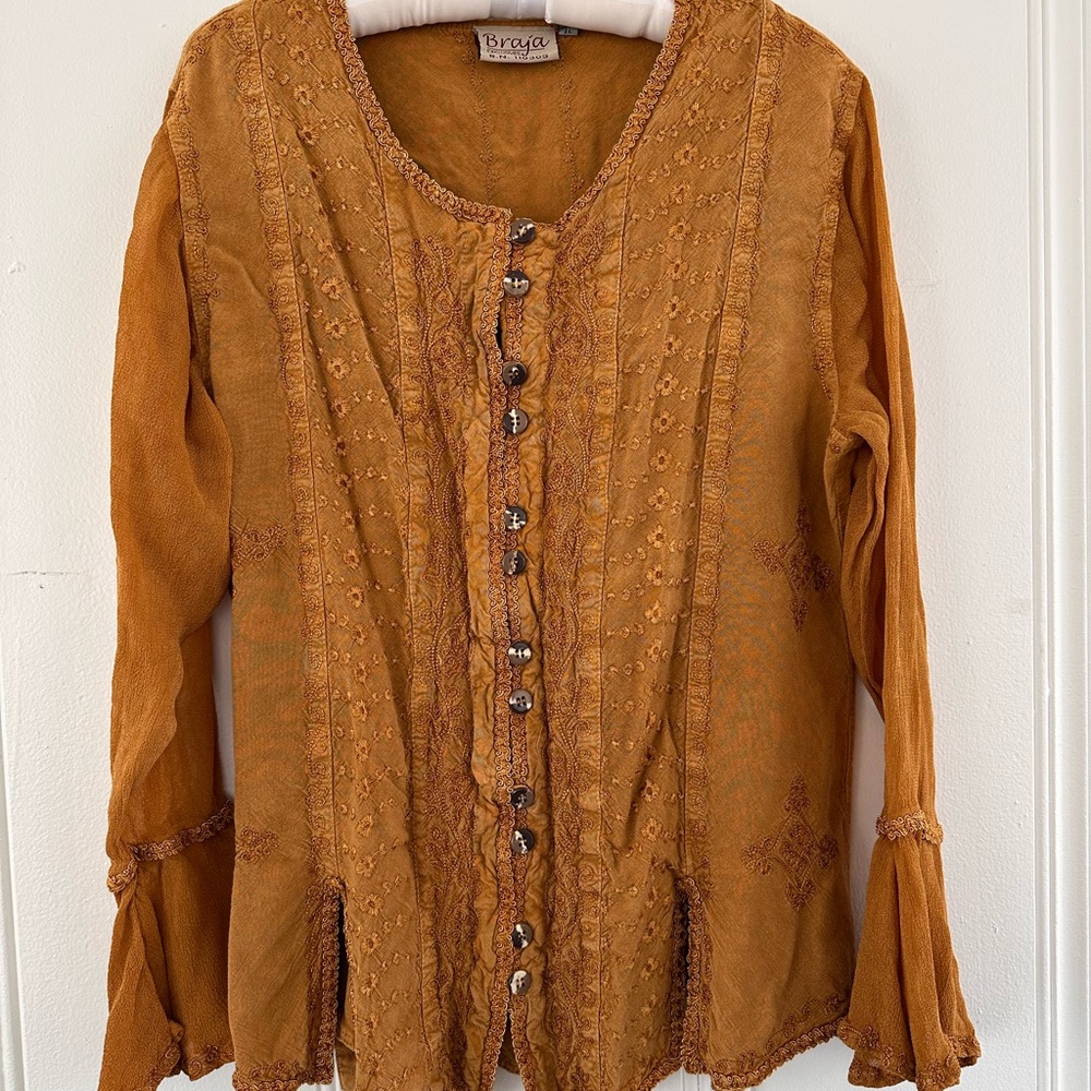 Vintage Braja Women's Mustard Bohemian Embroidered Button Down Top